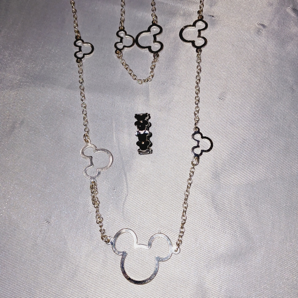 Silverplate Mickey Mouse Ears Necklace and Black Enamel Ears Ring